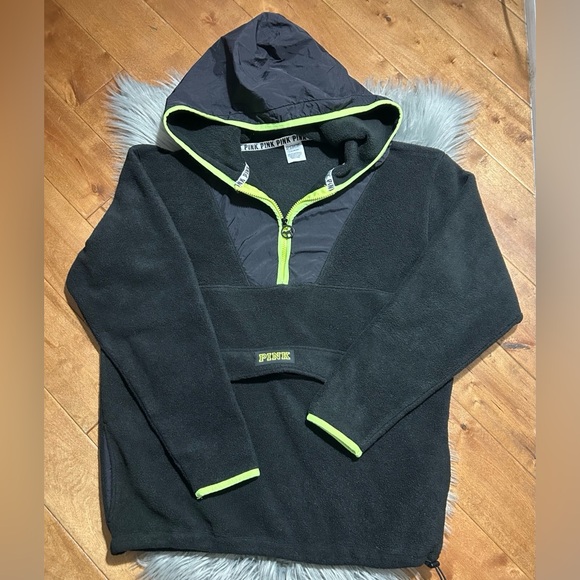 PINK Victoria's Secret Tops - Victoria's Secret PINK Fleece Pullover Hoodie Neon Trim Black Size Large